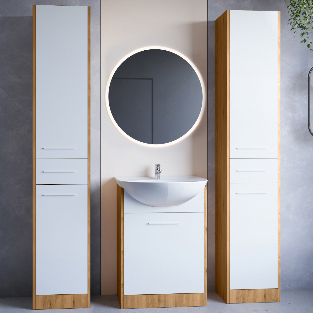 Bathroom Furniture with Mirror SLIDO MAX LED artisan oak / white laminate