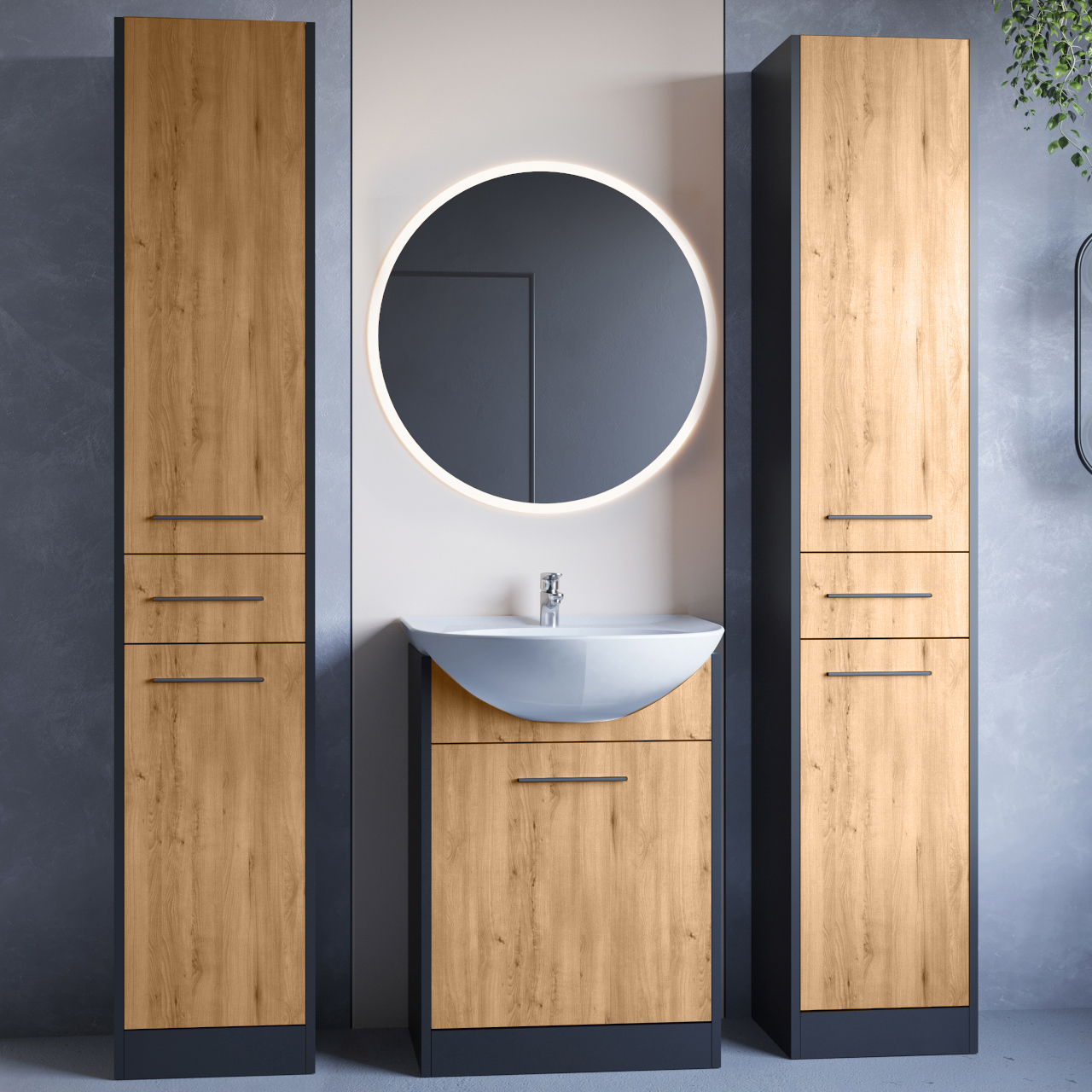 Bathroom Furniture with Mirror SLIDO MAX LED black / artisan oak