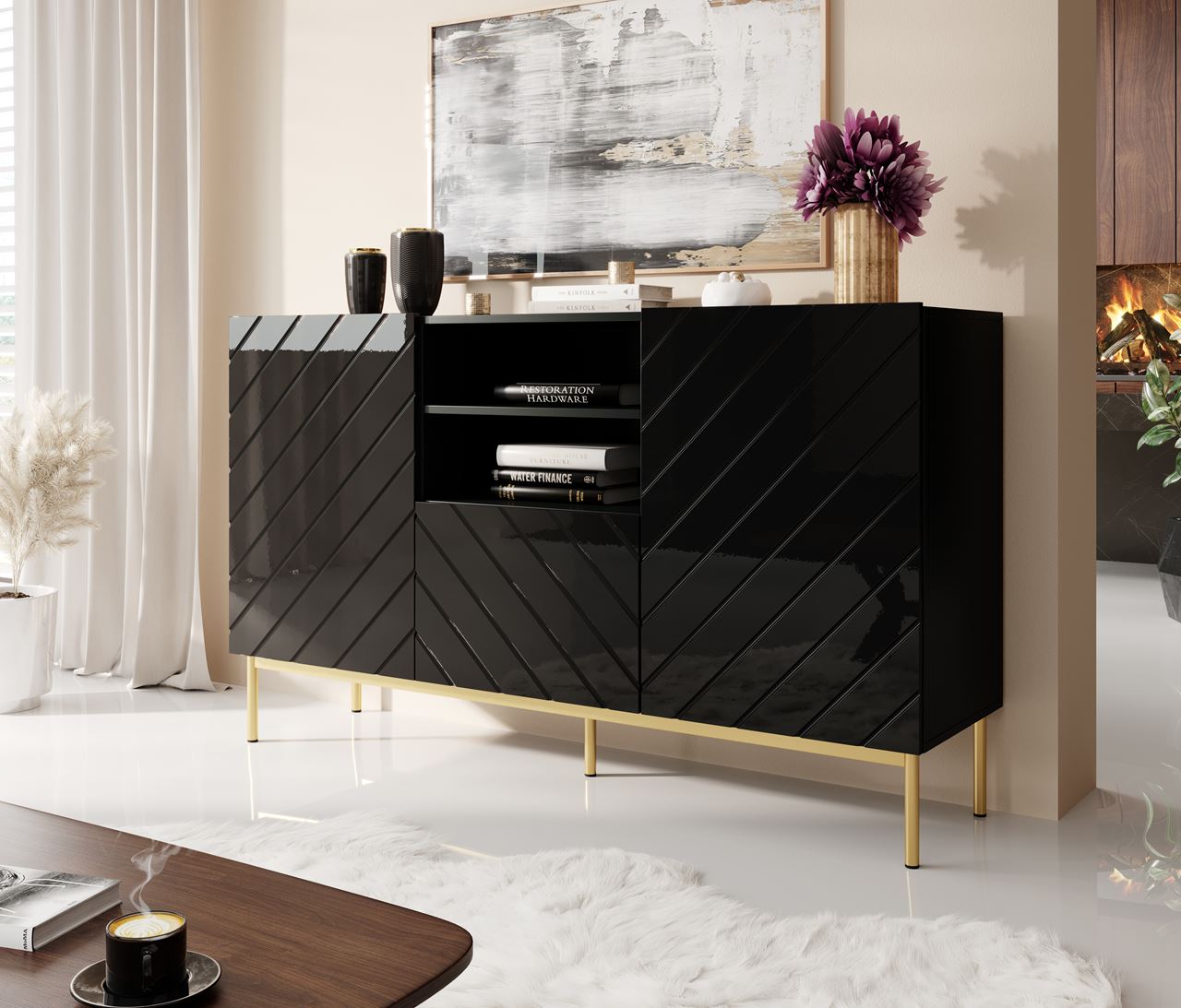 ABETO chest of drawers black / gold frame