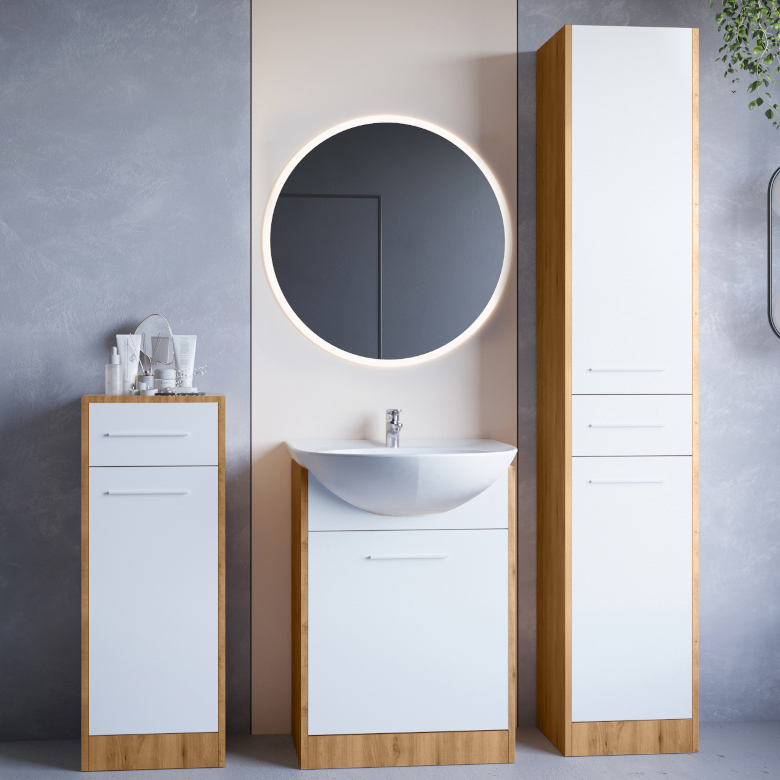 bathroom furniture with mirror Slido mini LED Artisan oak white laminate