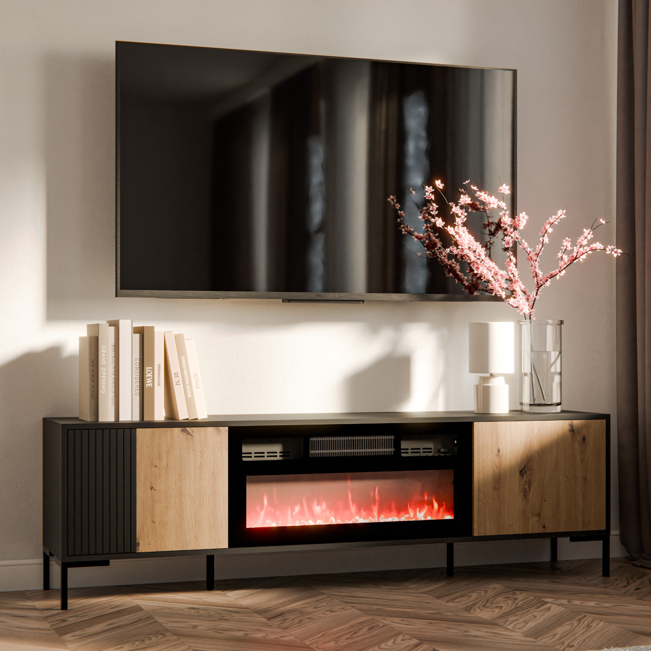 TV cabinet with fireplace CIMER 08 black / artisan oak