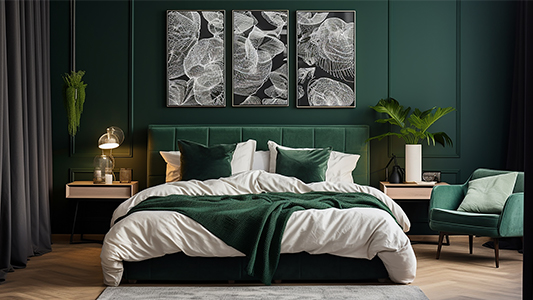 A bottle green and white bedroom - inspiration for sensual arrangements